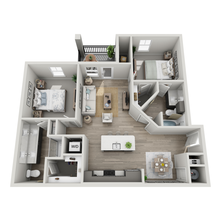 Rendering of the B1 floor plan with 2 bedroom[s] and 2 bathroom[s] at Milo (Garden)